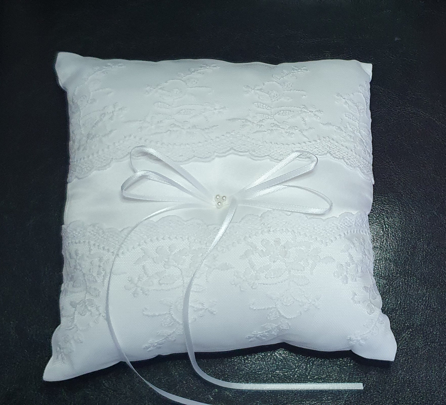 Wedding ceremony lace pearl bead and ribbon ring bearer pillow cushion