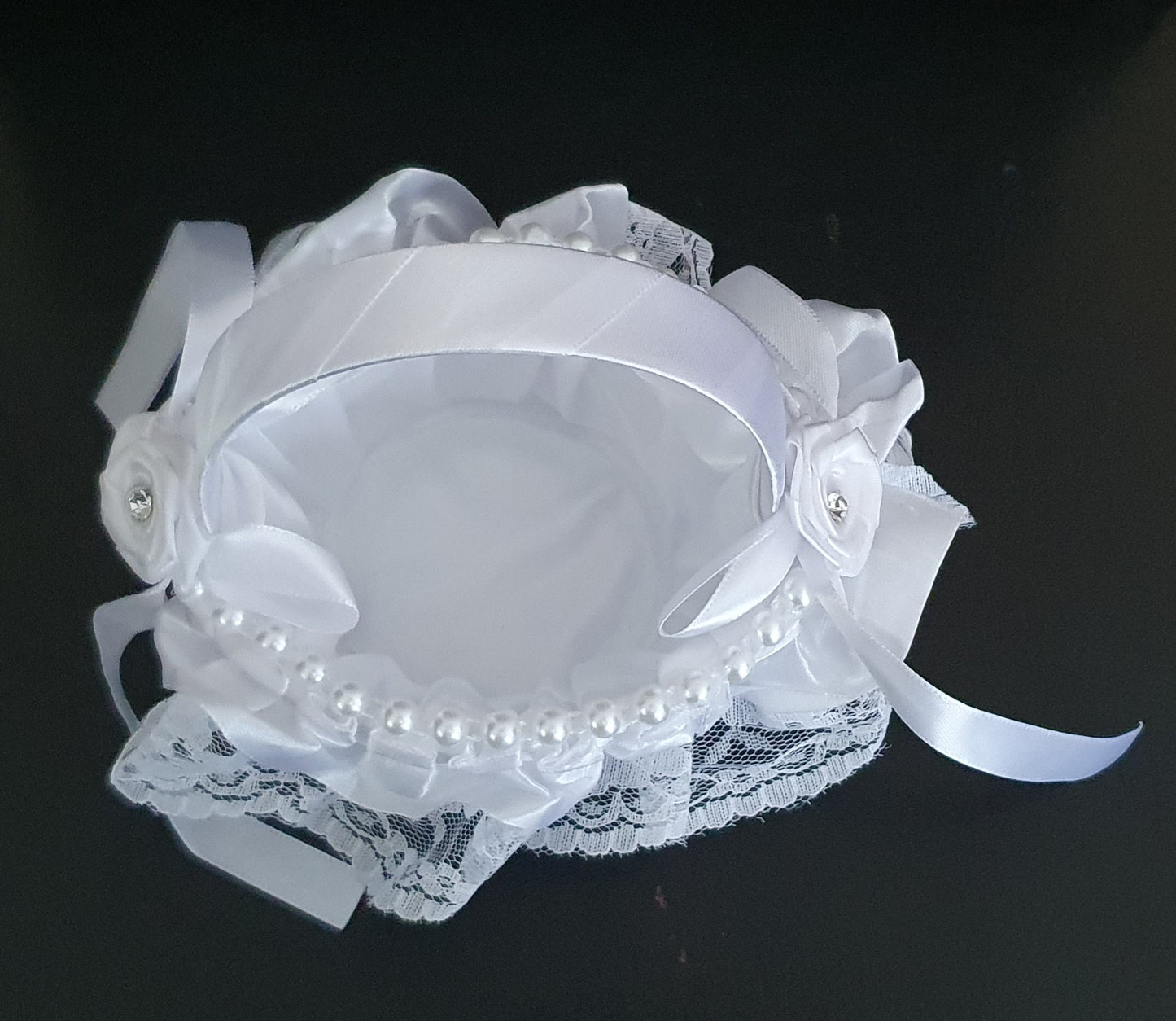 Flower girl satin lace and pearl bead flower basket wedding ceremony accessory