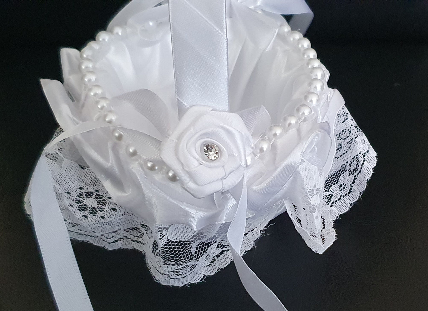 Flower girl satin lace and pearl bead flower basket wedding ceremony accessory