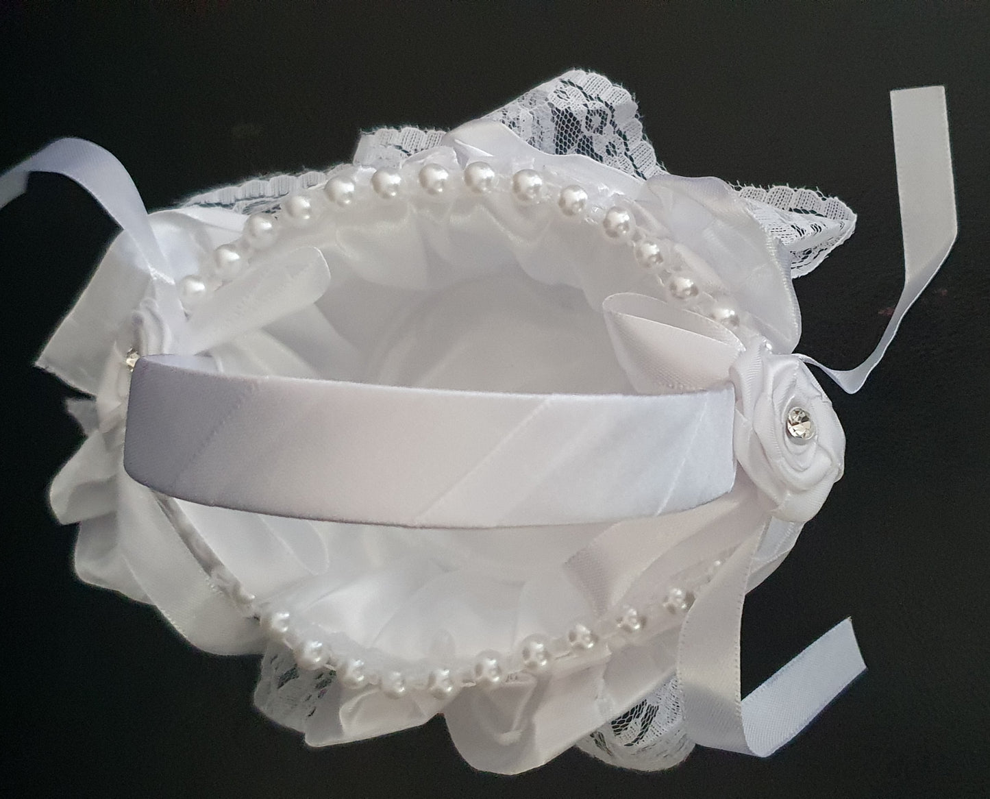 Flower girl satin lace and pearl bead flower basket wedding ceremony accessory