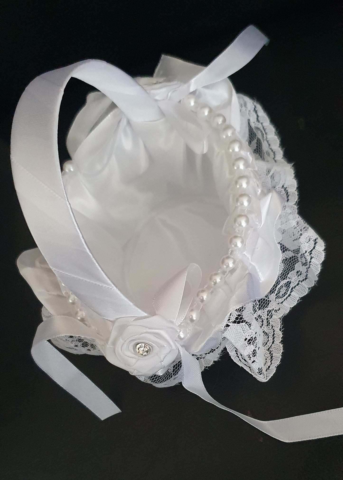 Flower girl satin lace and pearl bead flower basket wedding ceremony accessory