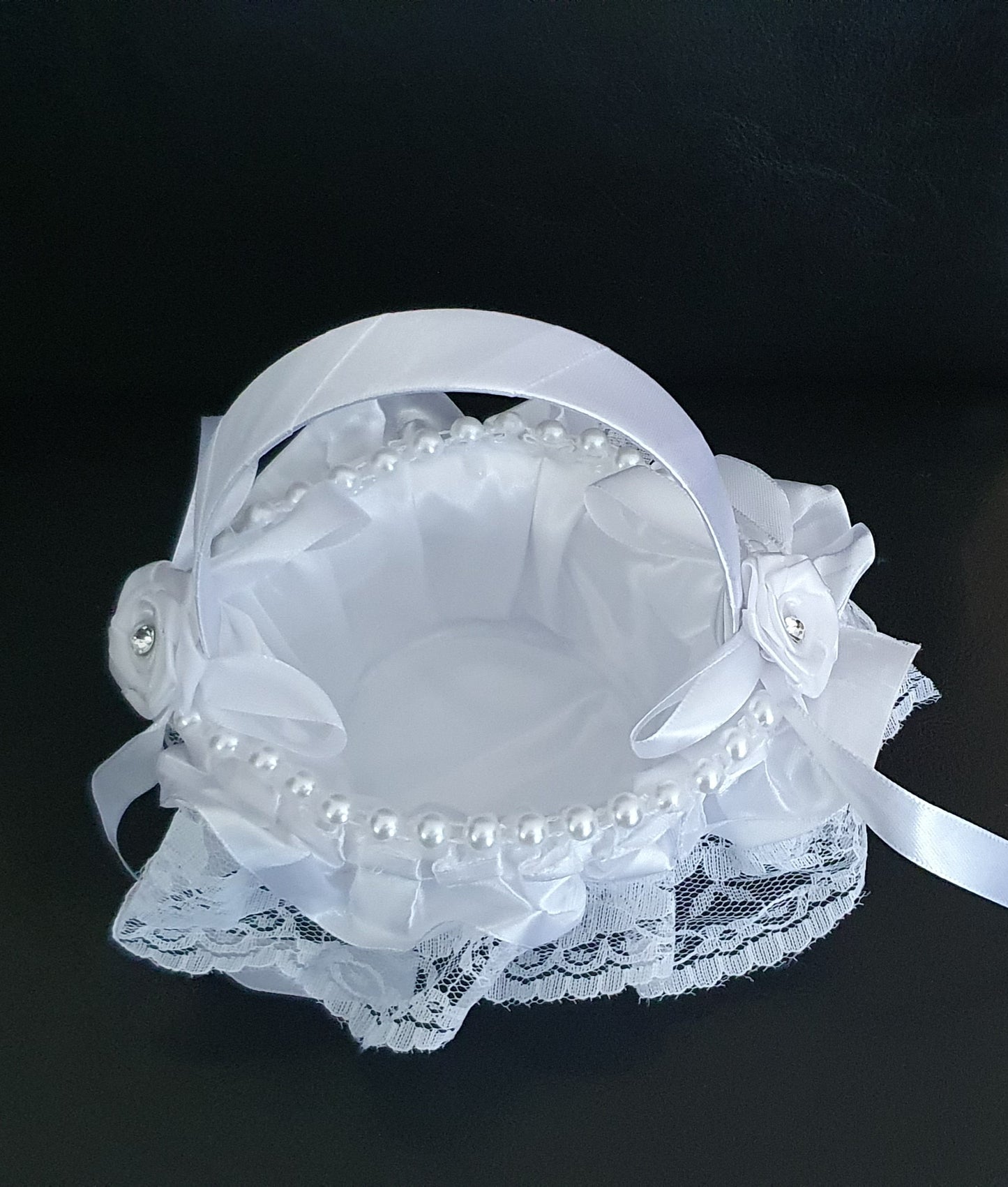 Flower girl satin lace and pearl bead flower basket wedding ceremony accessory