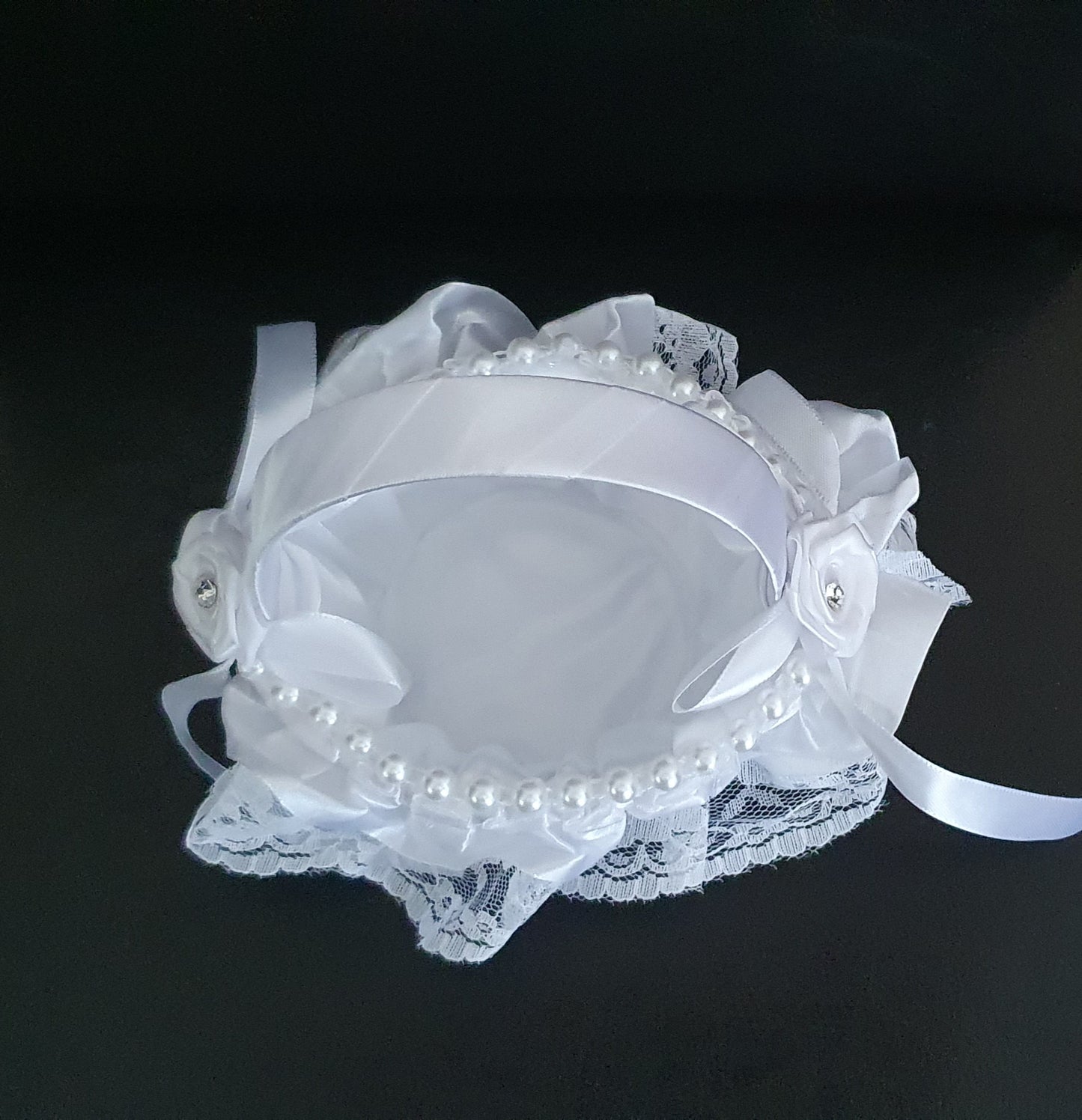 Flower girl satin lace and pearl bead flower basket wedding ceremony accessory