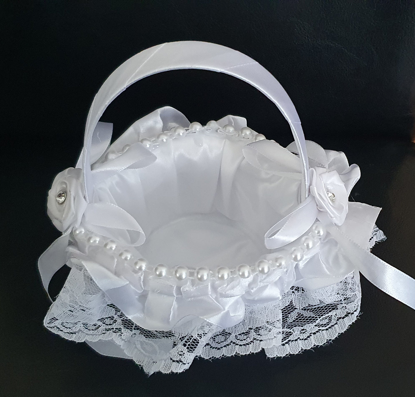 Flower girl satin lace and pearl bead flower basket wedding ceremony accessory