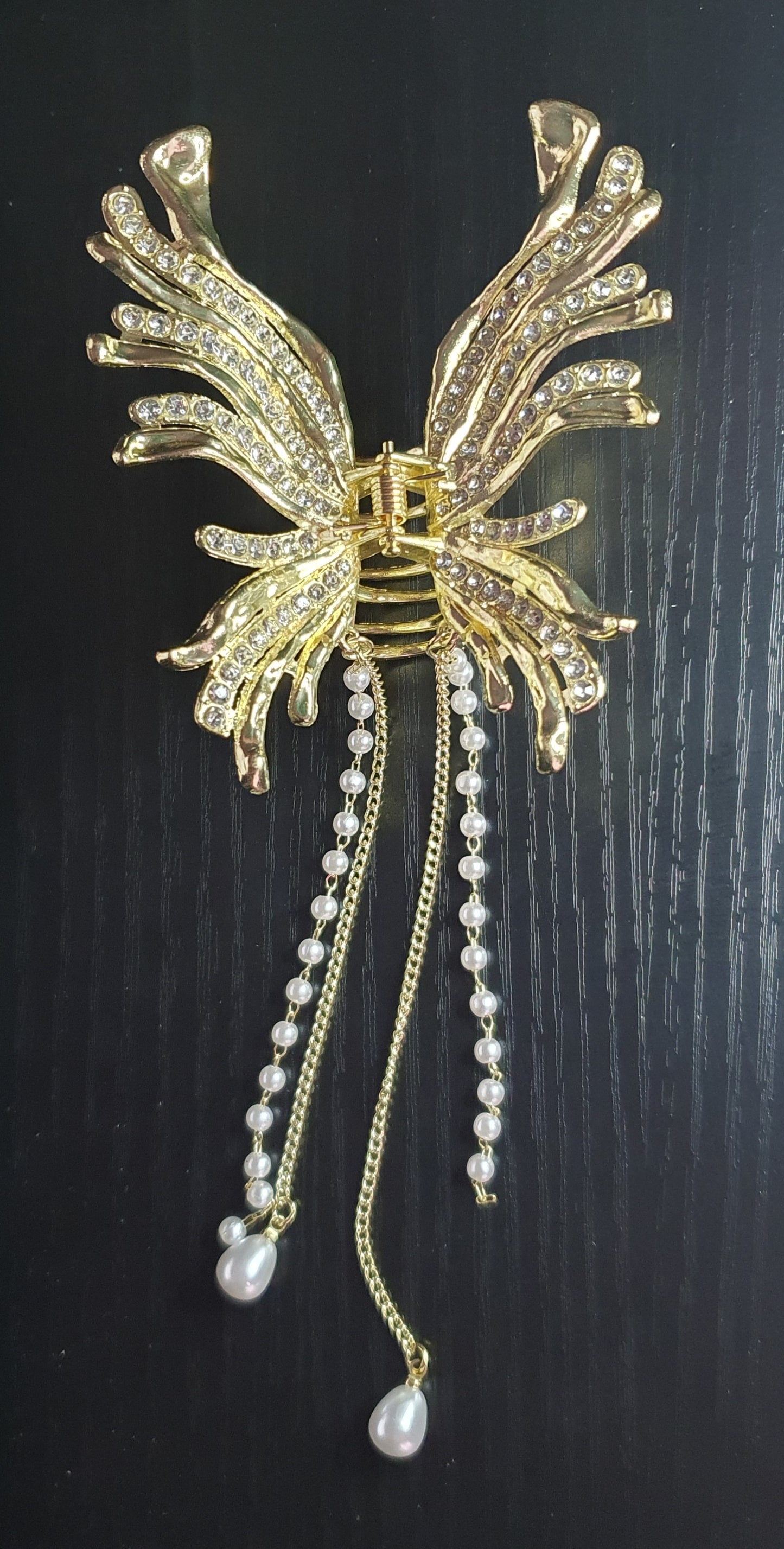 Crystal butterfly Hair clip claw with dangling chain pearl beads