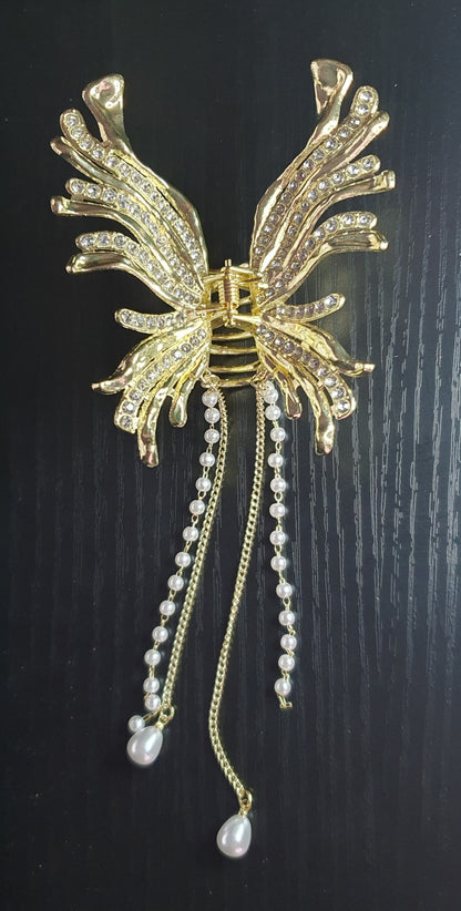 Crystal butterfly Hair clip claw with dangling chain pearl beads