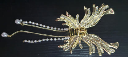 Crystal butterfly Hair clip claw with dangling chain pearl beads