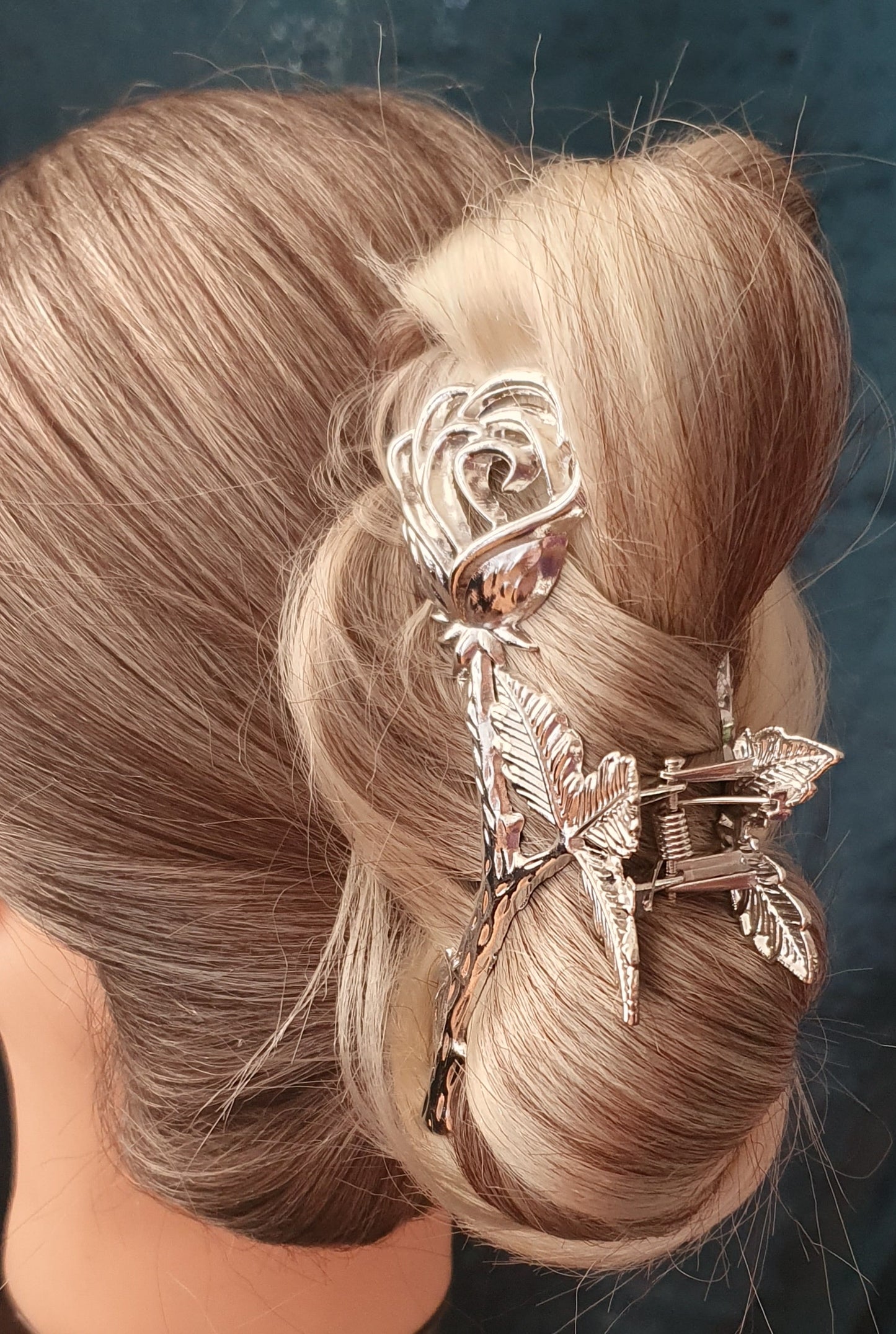 Silver rose metal hair claw clip