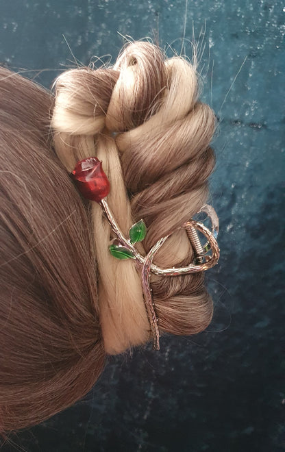 Twisted stemmed red rose bud hair claw