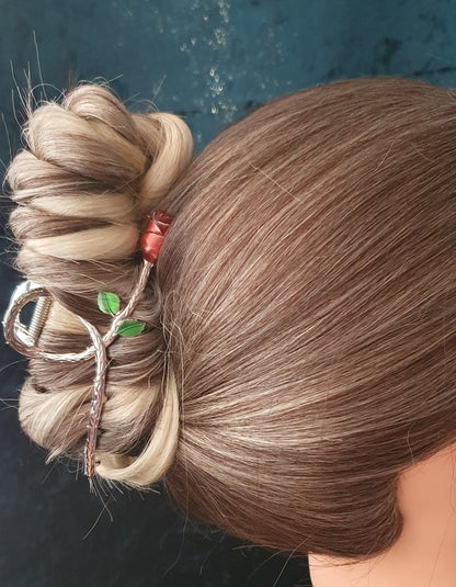 Twisted stemmed red rose bud hair claw