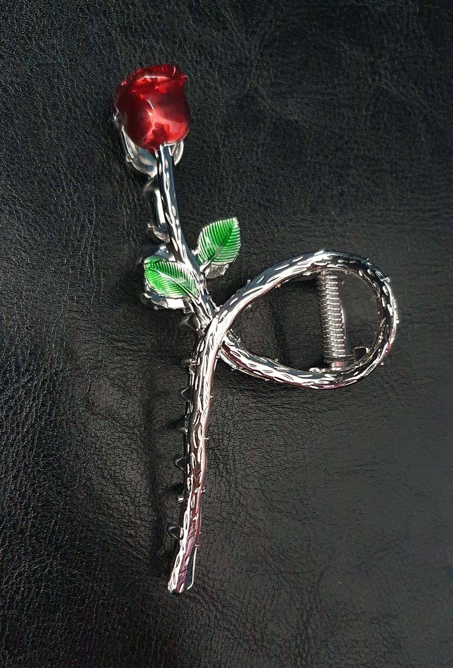 Twisted stemmed red rose bud hair claw