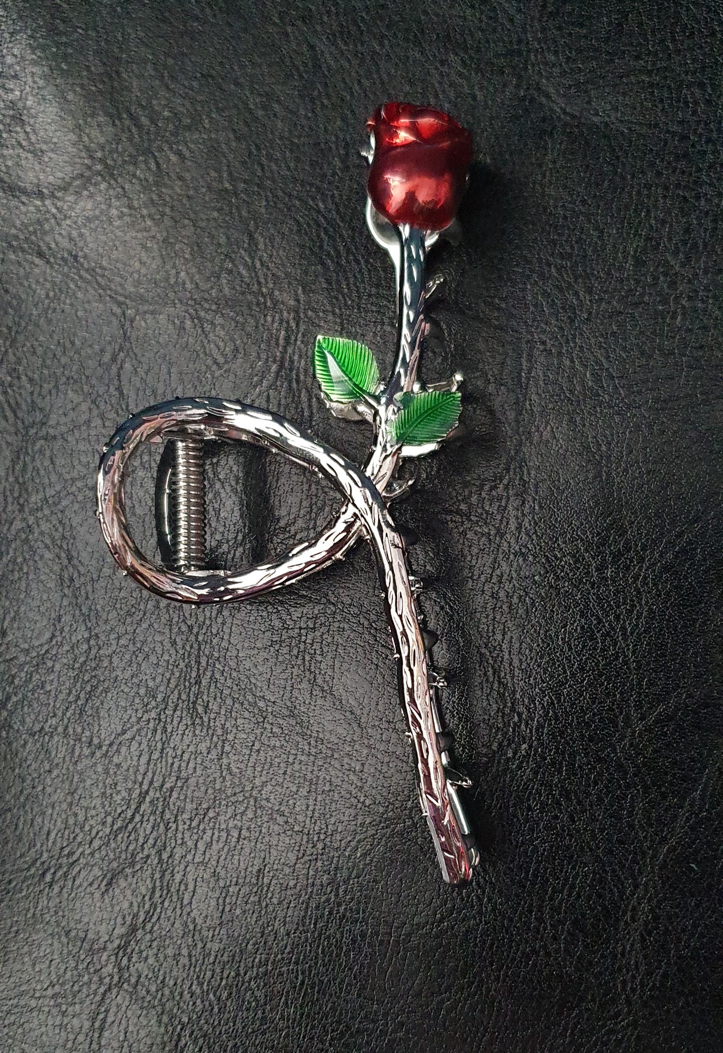 Twisted stemmed red rose bud hair claw