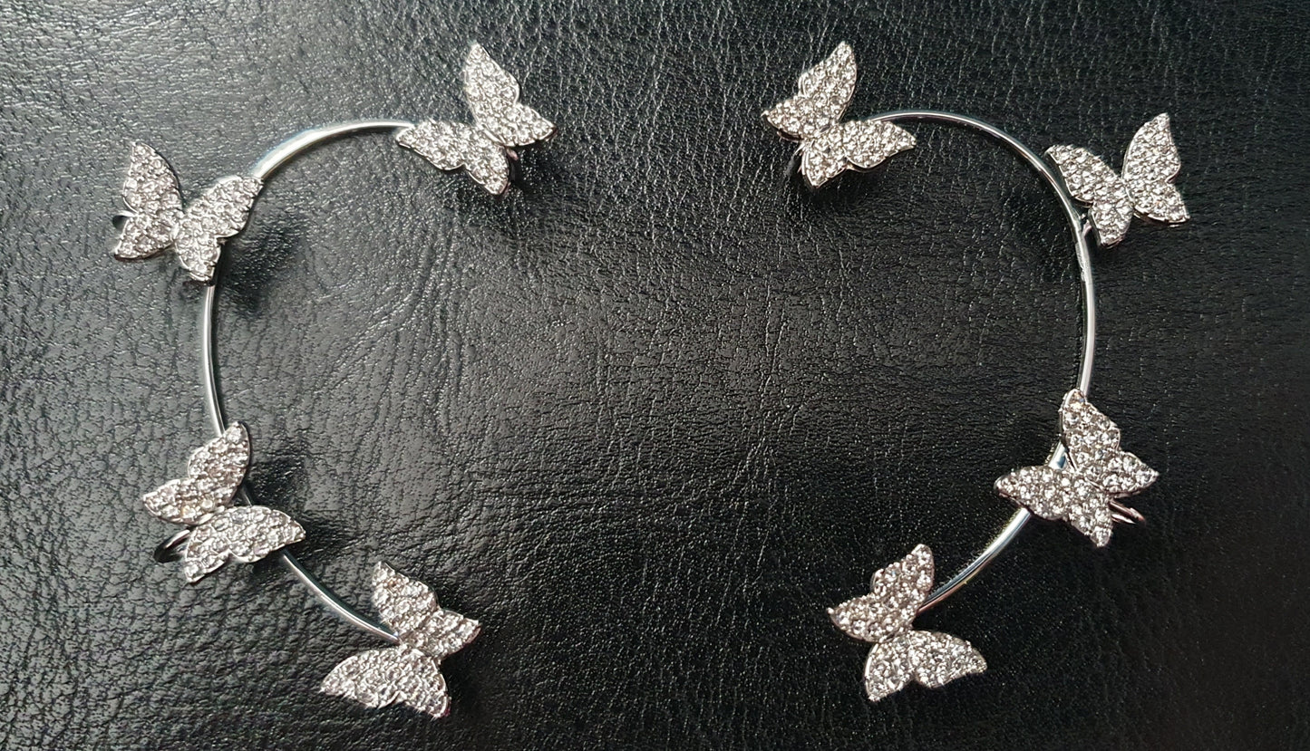 Silver crystal butterfly ear cuff clip-on