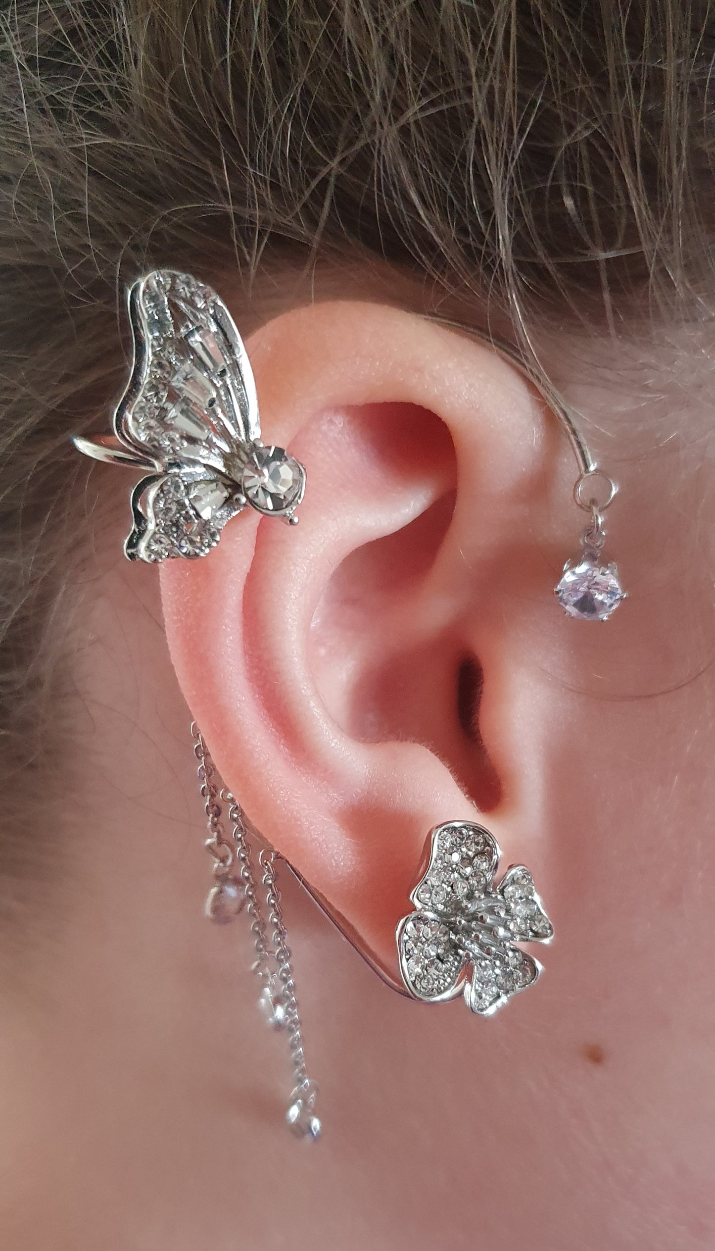 Butterfly flower dangling crystal earring cuff clip on earrings