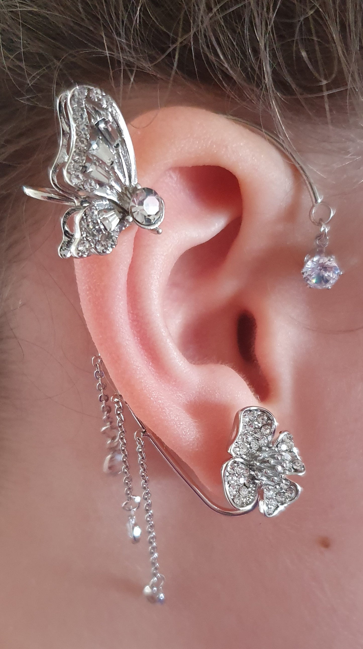 Butterfly flower dangling crystal earring cuff clip on earrings