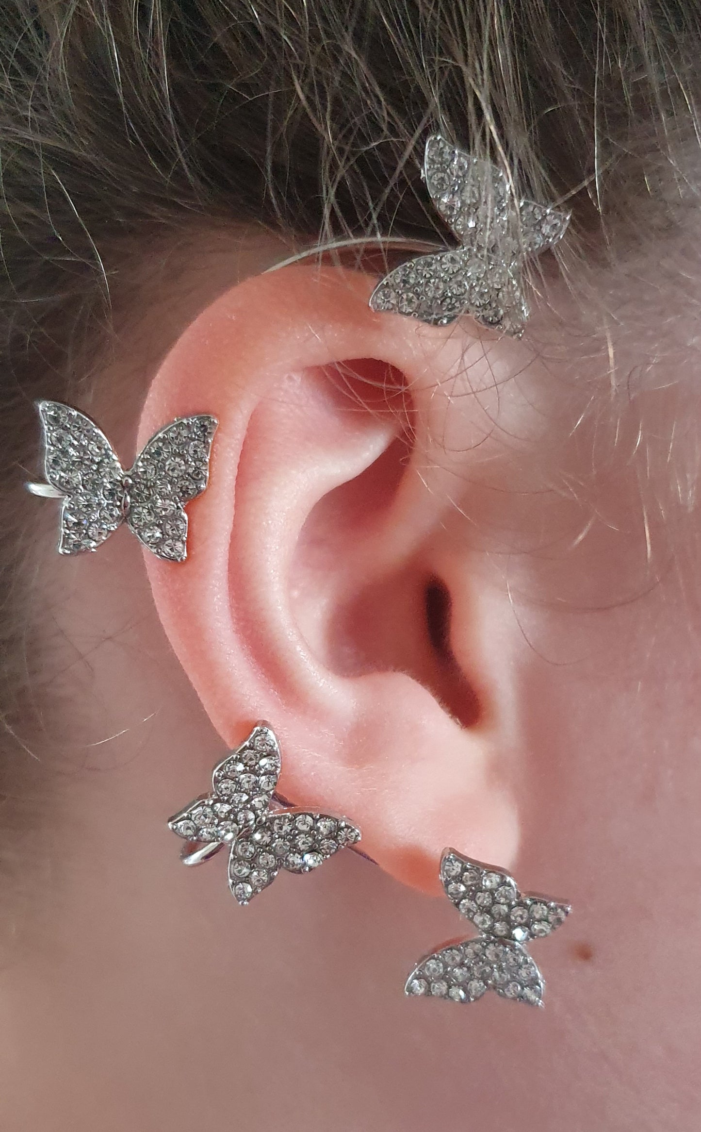 Silver crystal butterfly ear cuff clip-on