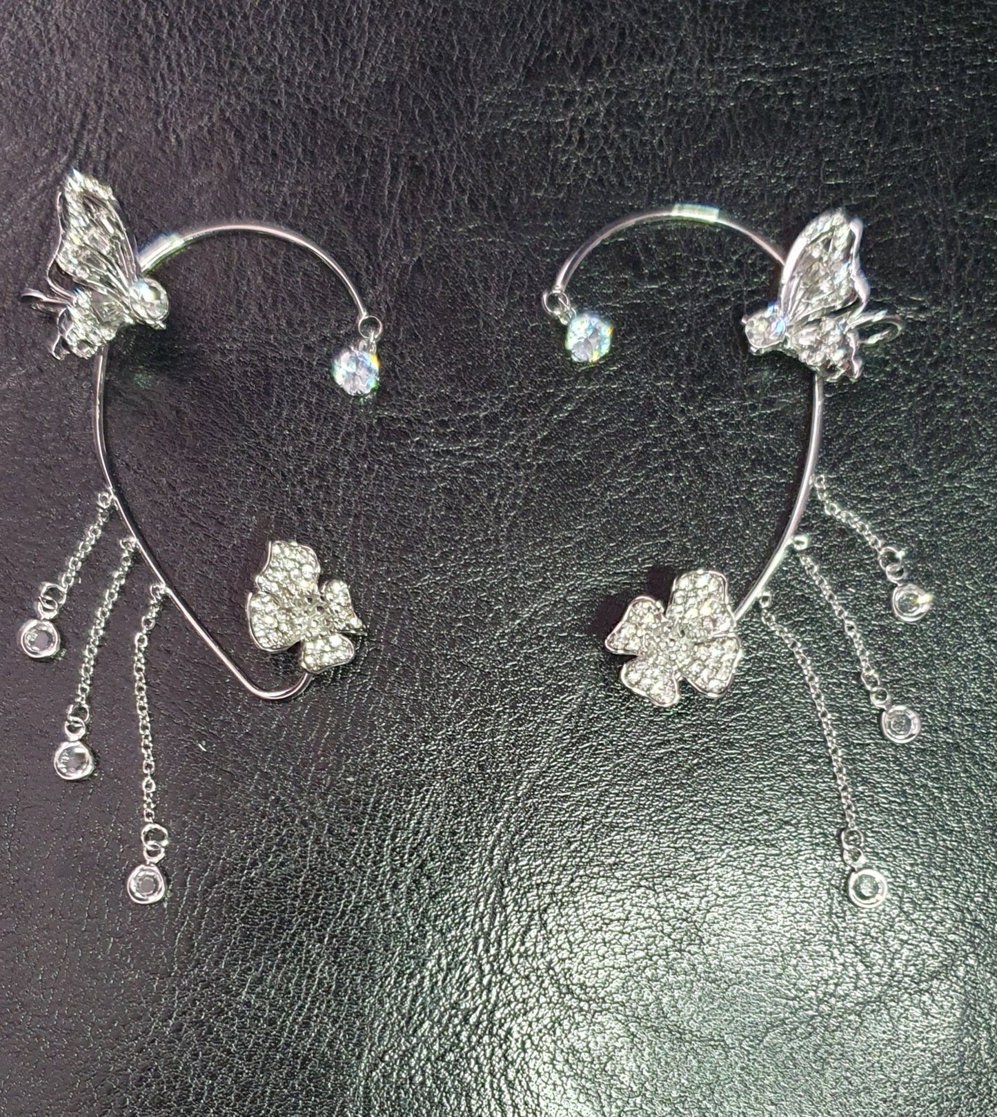 Butterfly flower dangling crystal earring cuff clip on earrings