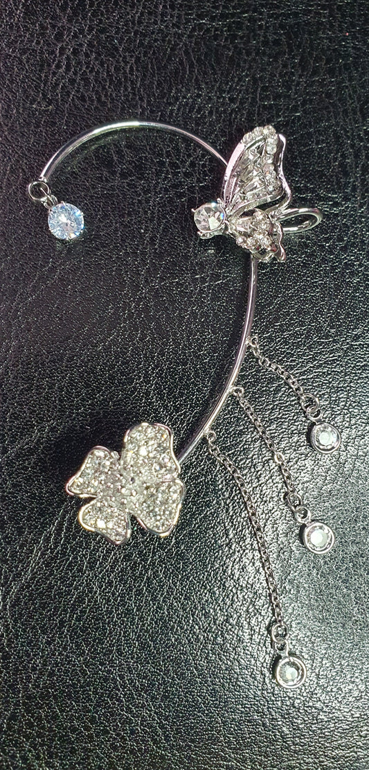 Butterfly flower dangling crystal earring cuff clip on earrings