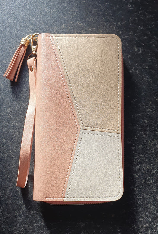 Long PU Leather Zipper Purse Pink/Cream