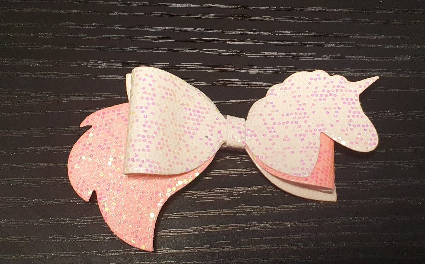 Pink & White Glittery Unicorn Bow and Mini Clip set