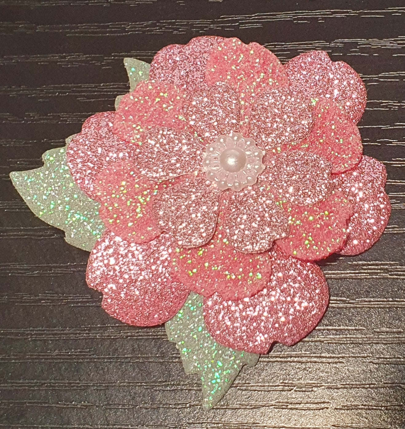 Pink sparkly glittery shiny flower hair clip