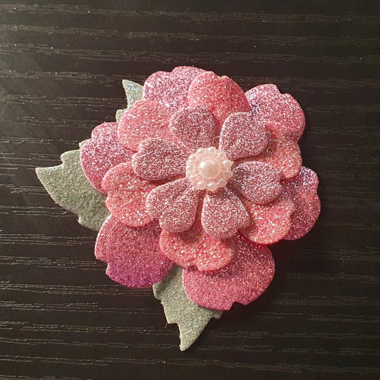 Pink sparkly glittery shiny flower hair clip