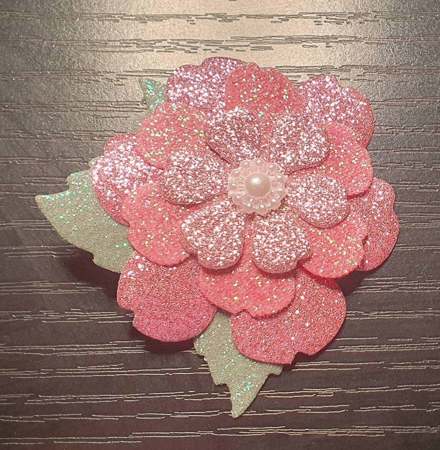 Pink sparkly glittery shiny flower hair clip