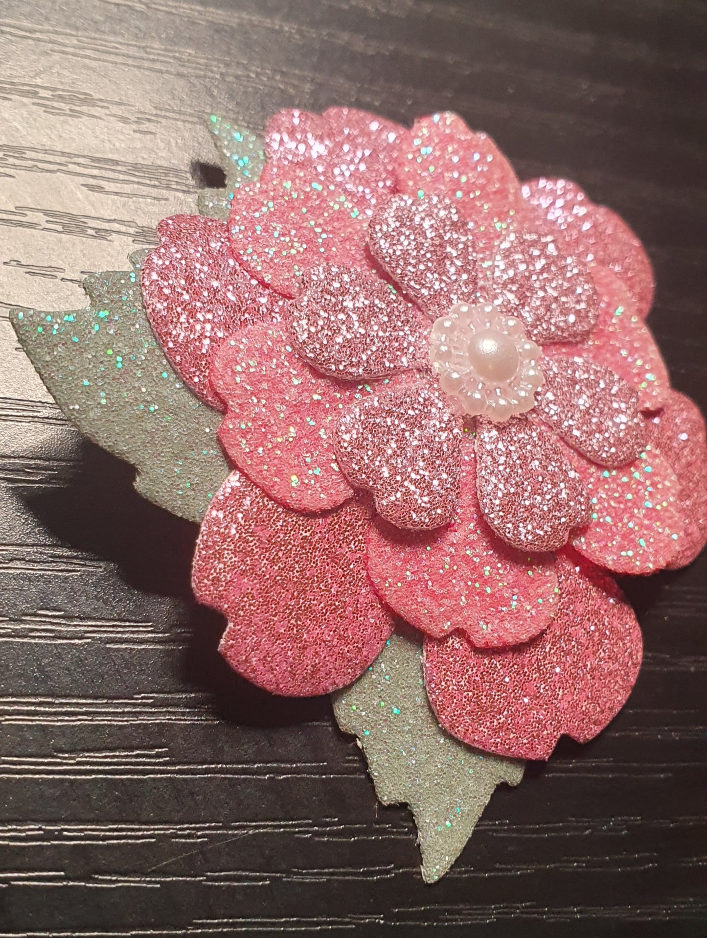 Pink sparkly glittery shiny flower hair clip