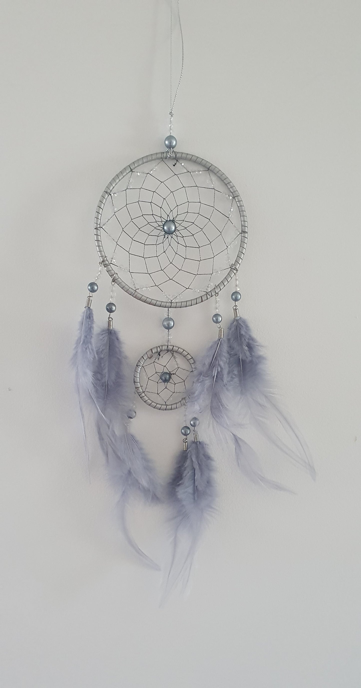 Grey Two-Ring Beads and Feathers Dream Catcher Wall Decoration