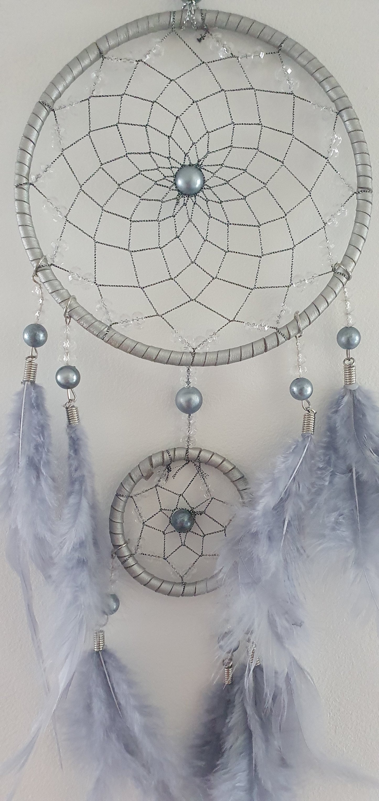 Grey Two-Ring Beads and Feathers Dream Catcher Wall Decoration