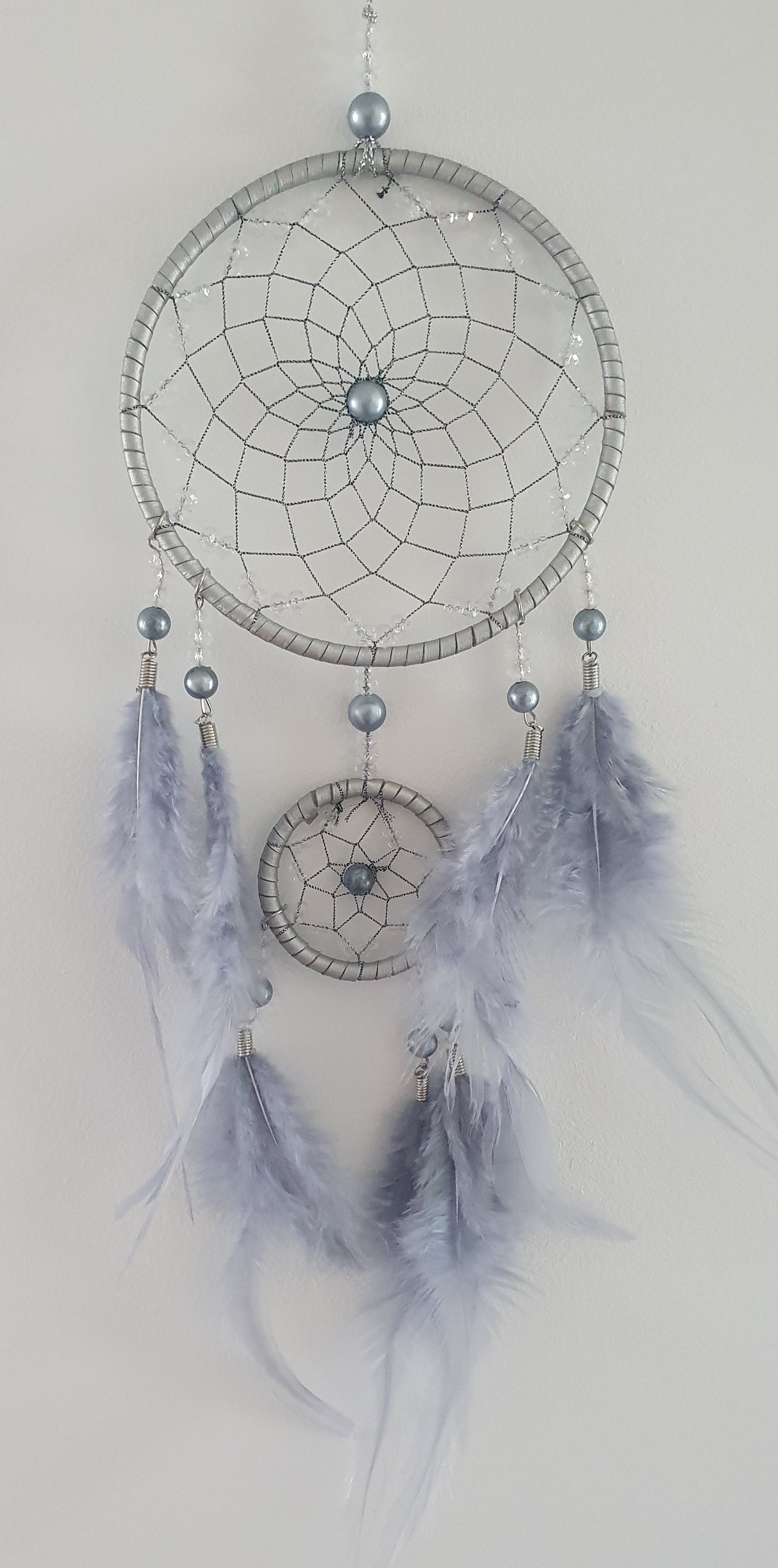 Grey Two-Ring Beads and Feathers Dream Catcher Wall Decoration