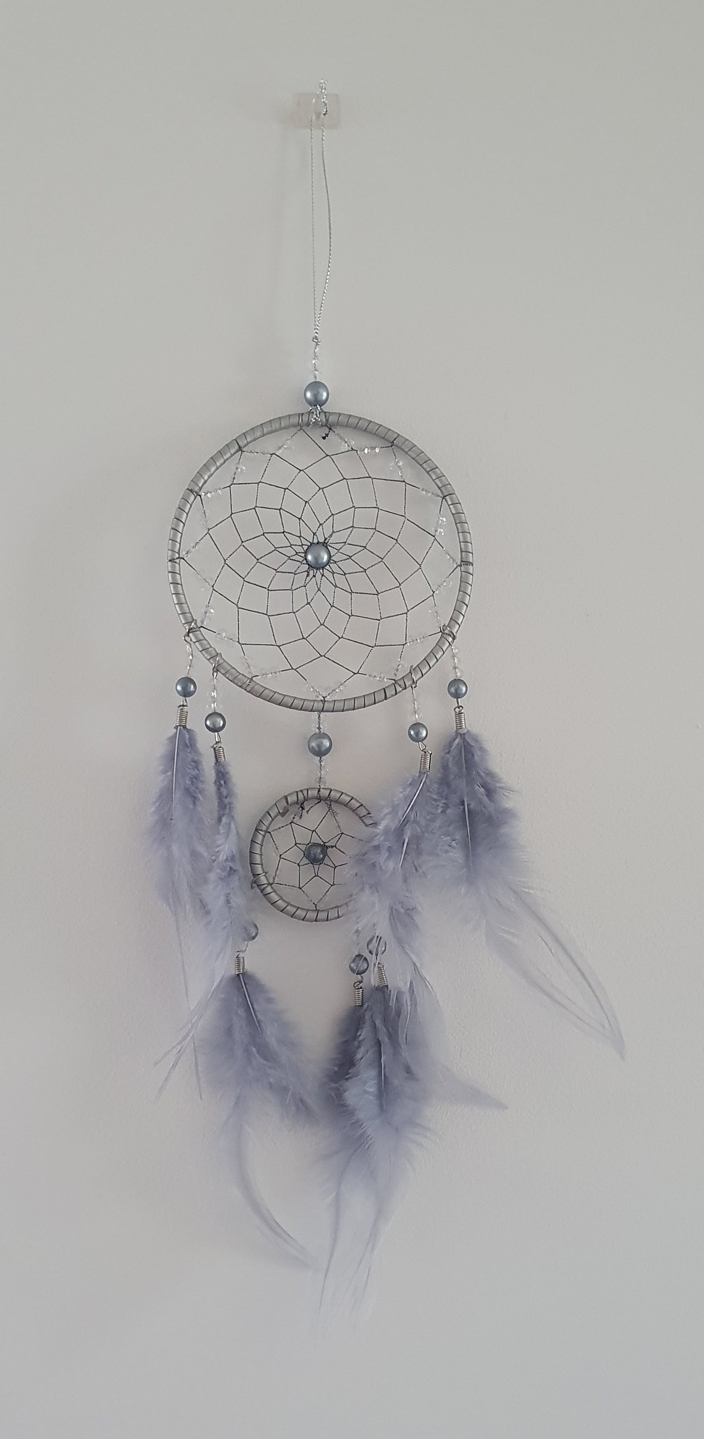 Grey Two-Ring Beads and Feathers Dream Catcher Wall Decoration