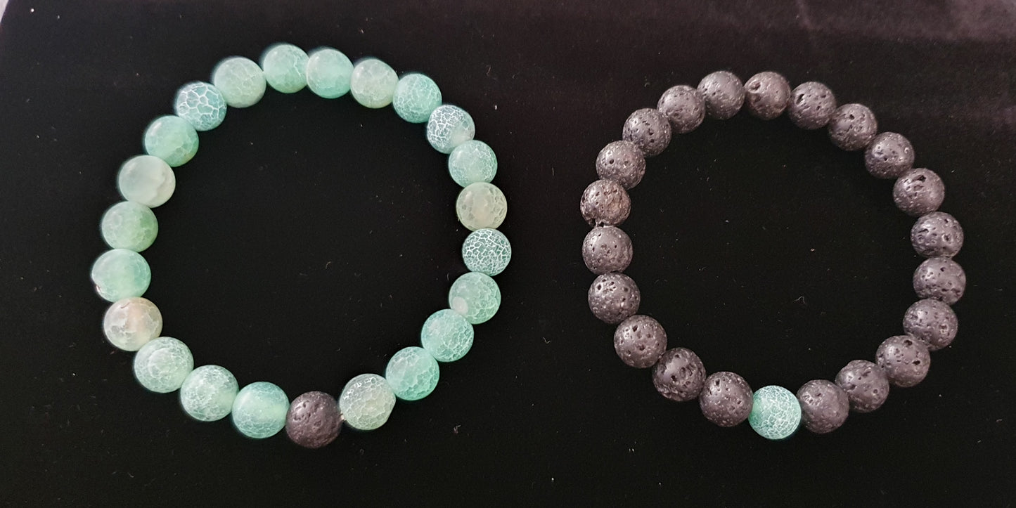 Lava and green stone beaded bracelet set