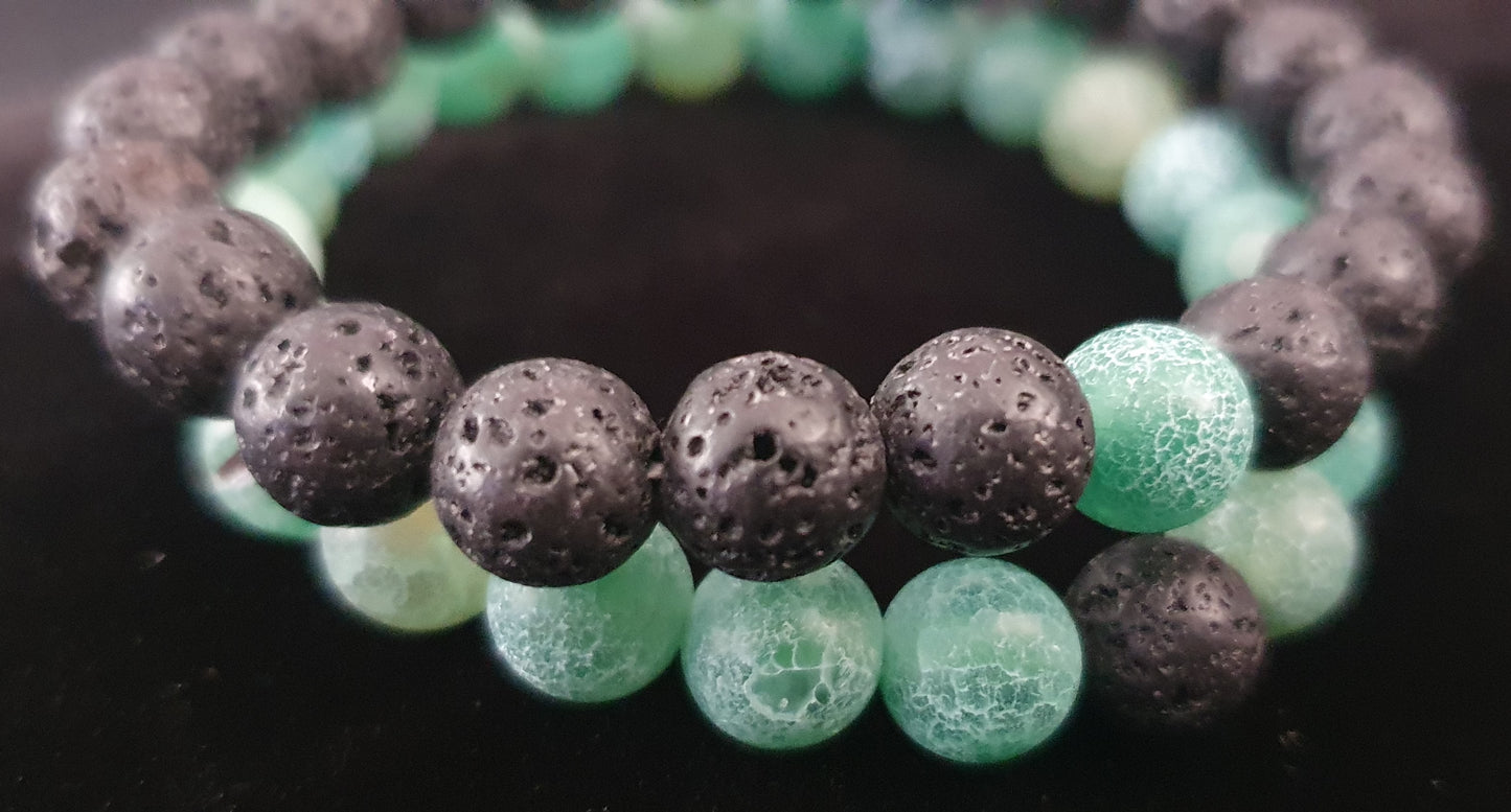 Lava and green stone beaded bracelet set