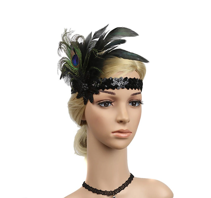 Gatsby 1920's sequined headband with sequined flower, peacock and black feathers to the side 