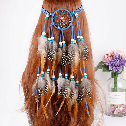 Bohemian feather and bead dream catcher headband hair accessory