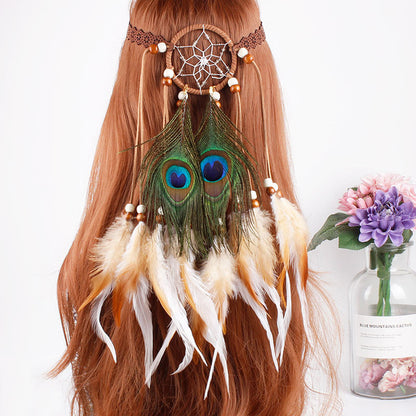 Bohemian feather and bead dream catcher headband hair accessory
