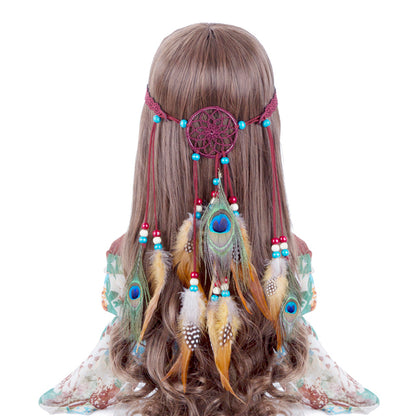 Bohemian feather and bead dream catcher headband hair accessory