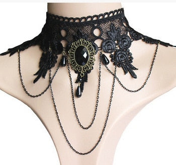 Vintage gothic wiccan pagan black lace choker necklaces