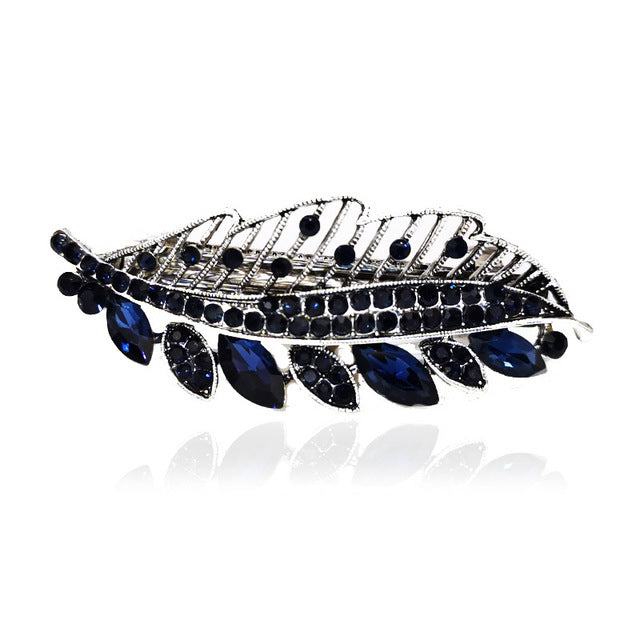 leaf shaped black and blue rhinestones crystal barrette hair clip