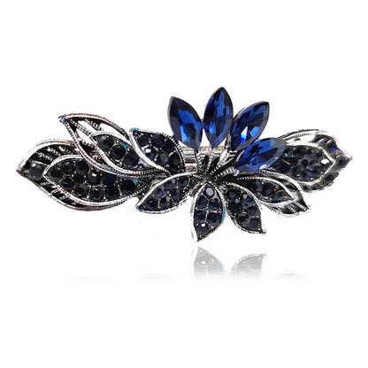 flower and leaf black and blue rhinestone crystal barrette hair clip