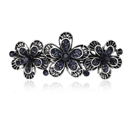 three flowers black, blue rhinestone crystal barrette hair clip