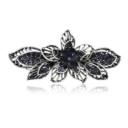 flower and leaves blue, black rhinestone crystal barrette hair clip