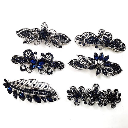 6 variations of black and blue rhinestone crystal barrette hair clips