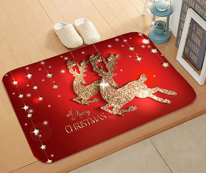 red flannel Christmas door mat with string stars and reindeers 