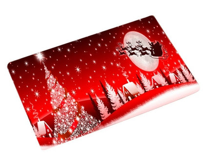 flannel christmas door mat red and white Christmas town with tree and Santa sleigh flying over the moon