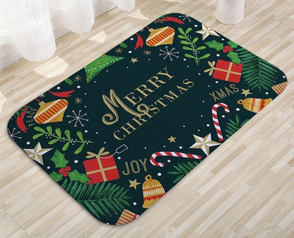 green Christmas flannel door mat with baubles, mistletoe and presents saying merry christmas