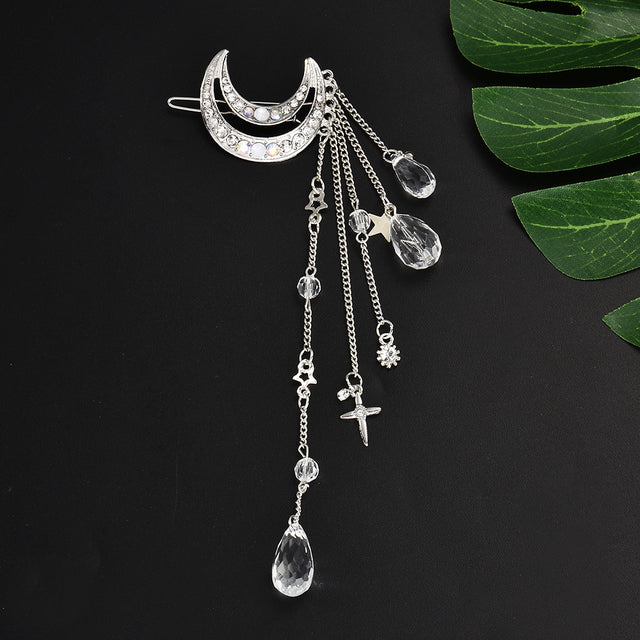 silver Celestial Moon Rhinestone Crystal Tassel Long Chain Beads Dangle Hairpin Hair Clip