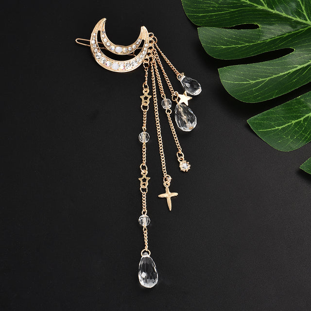 gold Celestial Moon Rhinestone Crystal Tassel Long Chain Beads Dangle Hairpin Hair Clip