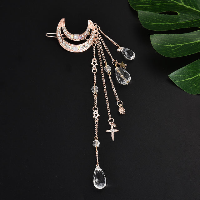 rose gold Celestial Moon Rhinestone Crystal Tassel Long Chain Beads Dangle Hairpin Hair Clip